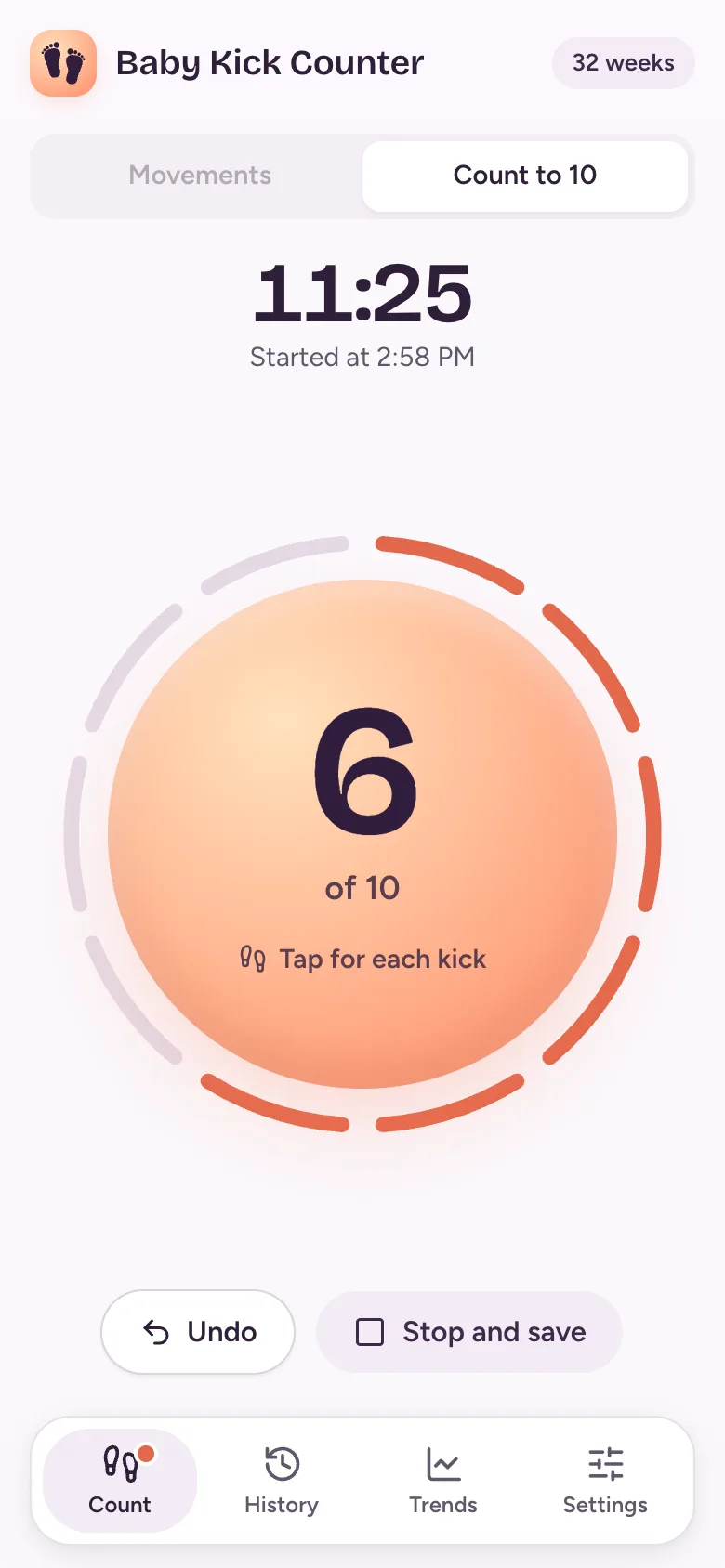A count in progress: 6 of 10 kicks, 11 minutes since it started, with Undo and Stop and save buttons.