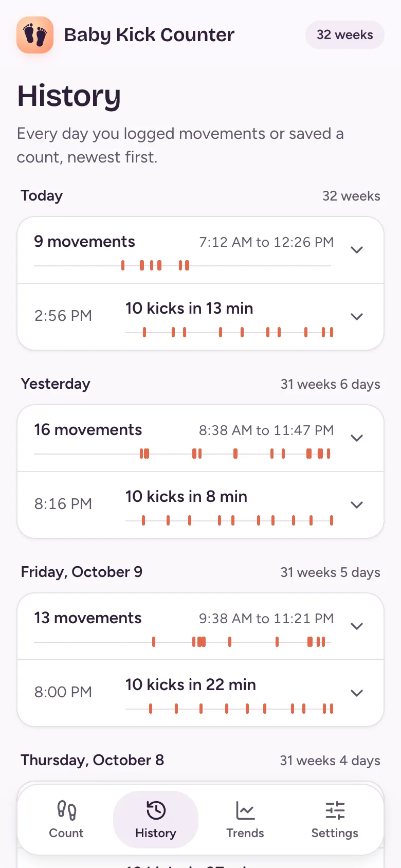 History grouped by day: today has 9 movements and a count of 10 kicks in 13 minutes, at 32 weeks.