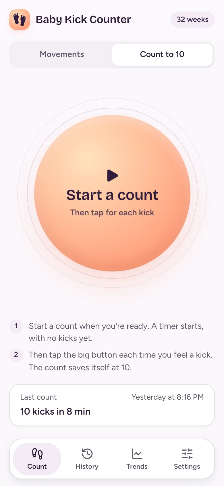 The Count to 10 side with a large Start a count button, two steps explaining it, and the last count, 10 kicks in 8 minutes.